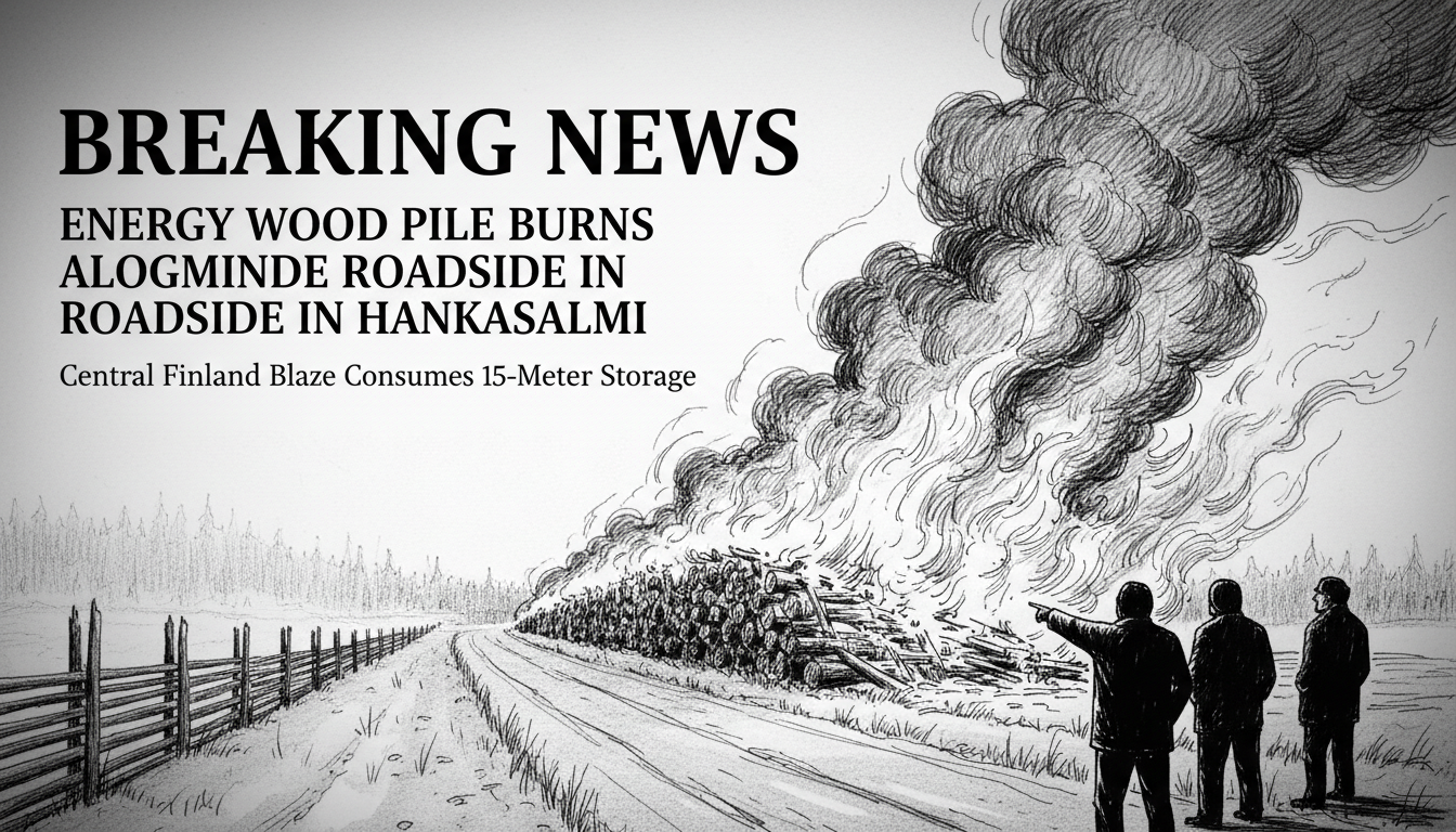 Energy Wood Pile Burns Along Roadside in Hankasalmi