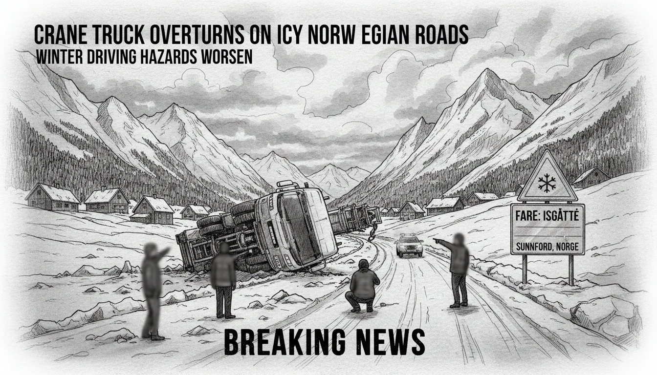 Crane Truck Overturns on Icy Norwegian Roads as Winter Driving Hazards Worsen