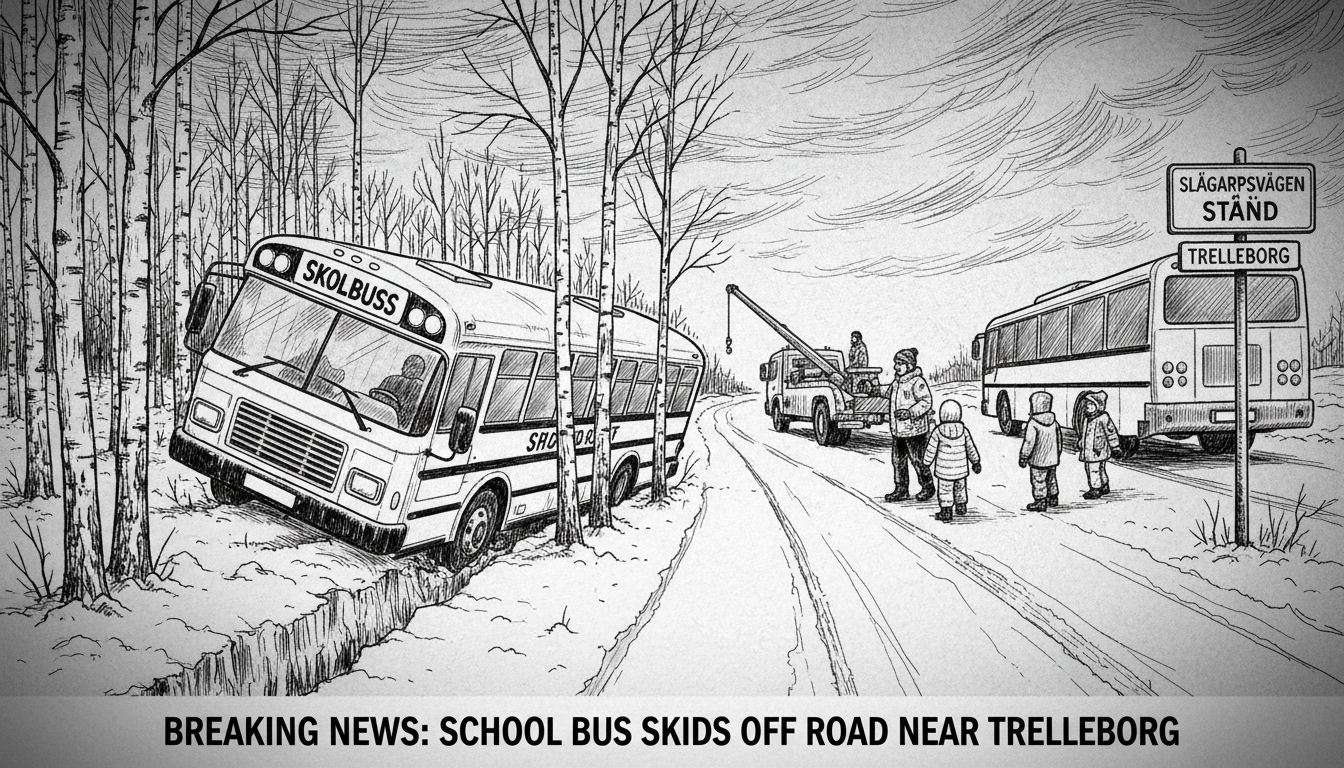 School Bus Skids Off Road Near Trelleborg