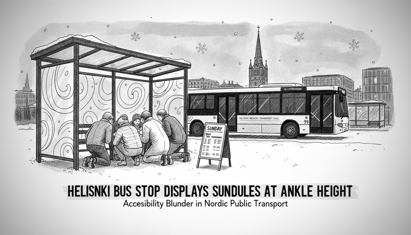 Helsinki Bus Stop Displays Sunday Schedules at Ankle Height