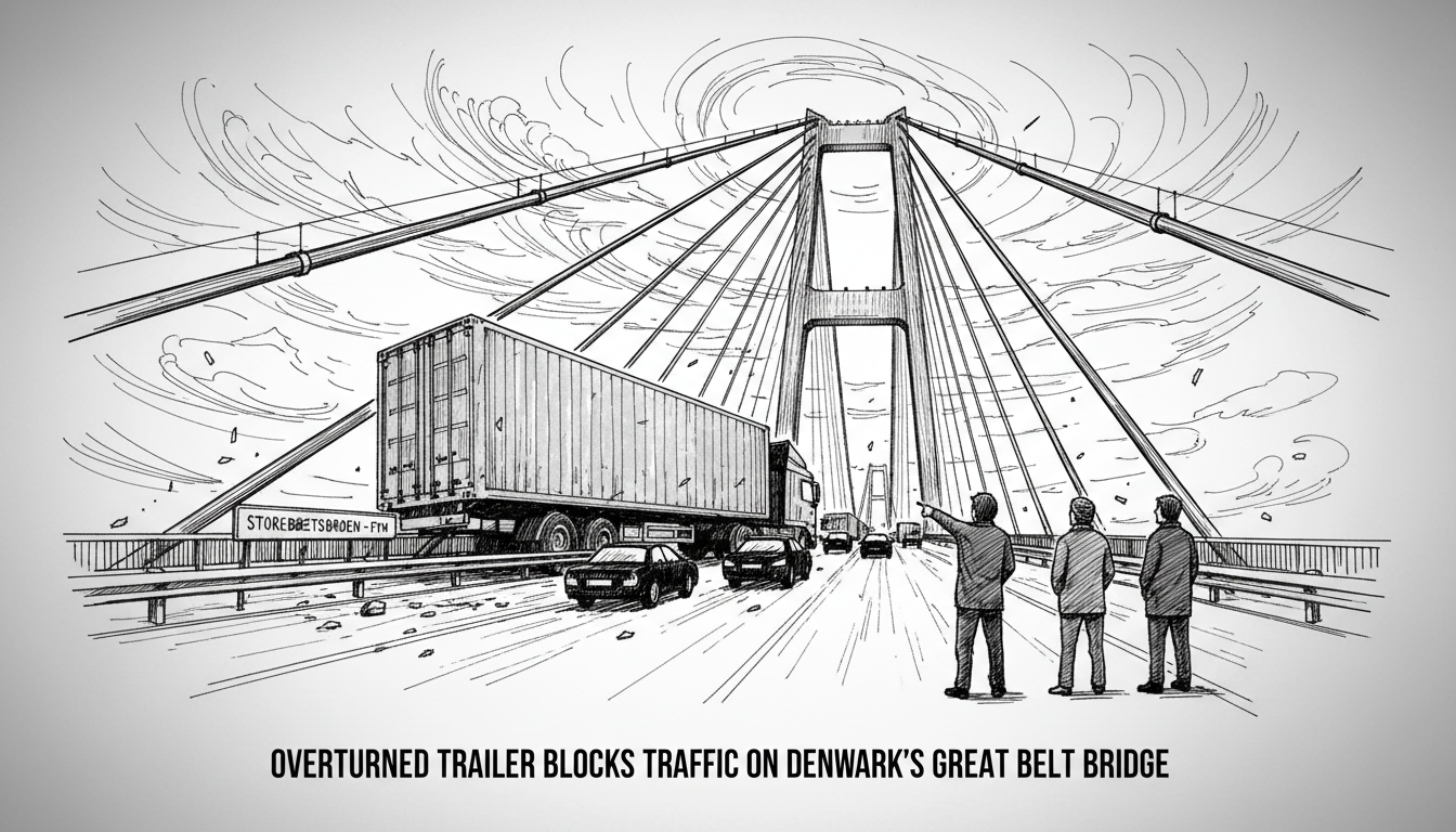 Overturned Trailer Blocks Traffic on Denmark's Great Belt Bridge