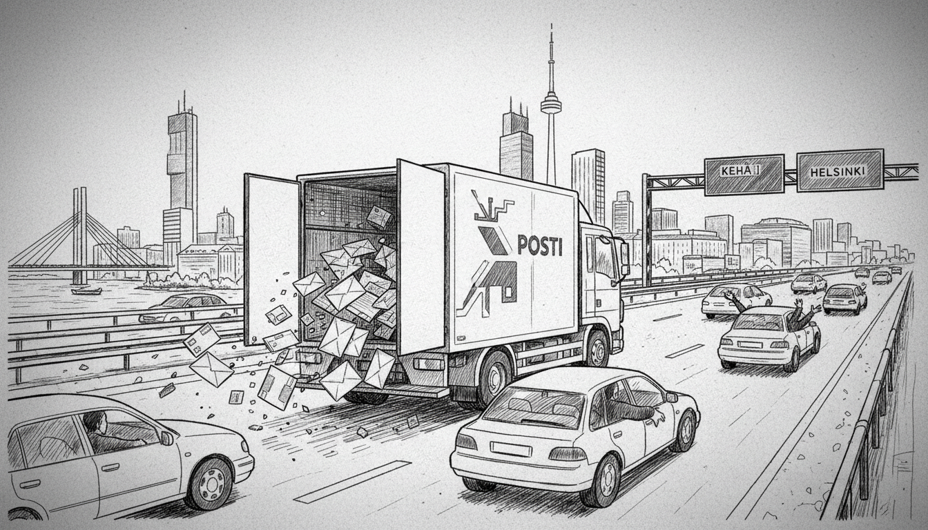 Postal Truck Drives on Helsinki Ring Road with Rear Door Open