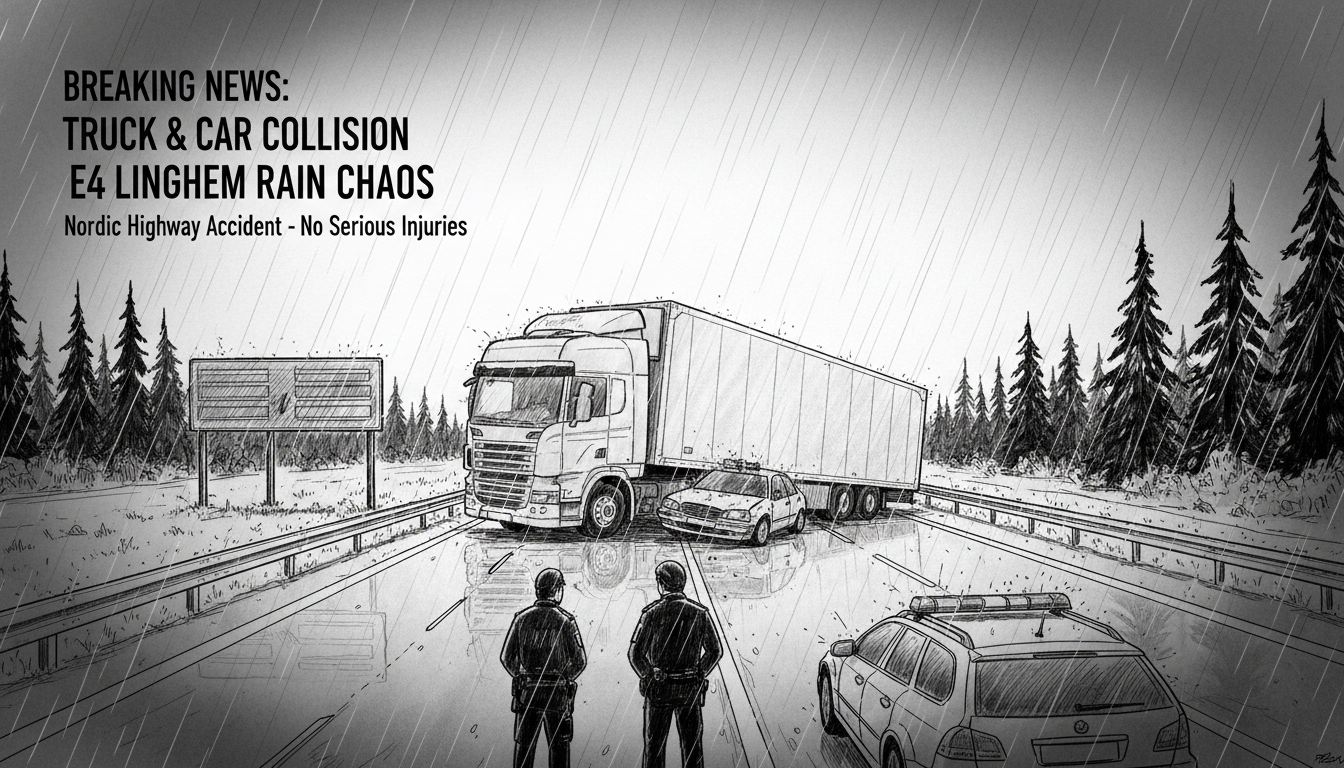 Truck and Car Collision on E4 Highway Near Linghem During Heavy Rain