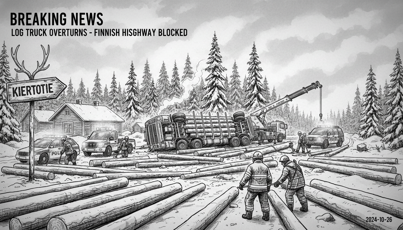 Log Truck Overturns on Finnish Highway, Traffic Blocked for Hours