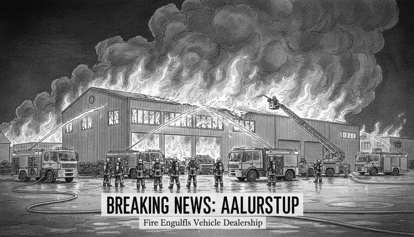 Fire Engulfs Vehicle Dealership Building in Aalestrup