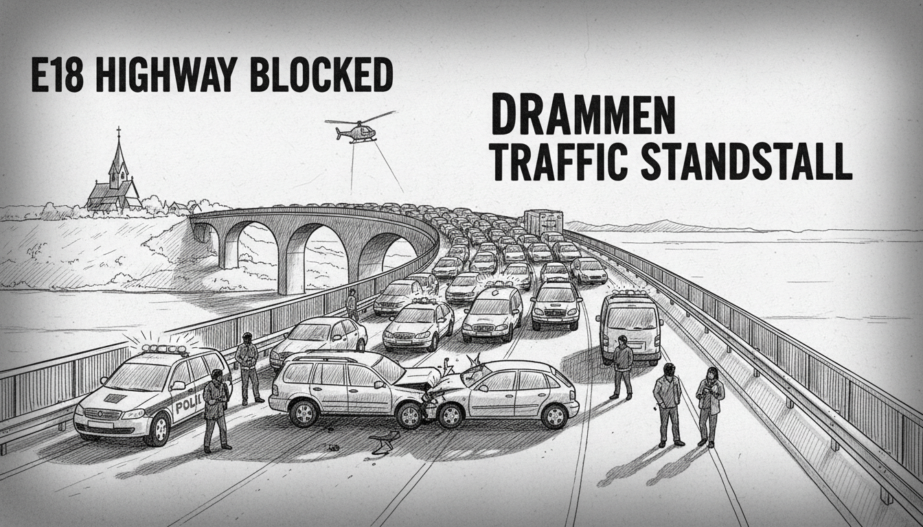 Major Accident Blocks E18 Highway Near Drammen Causing Standstill Traffic
