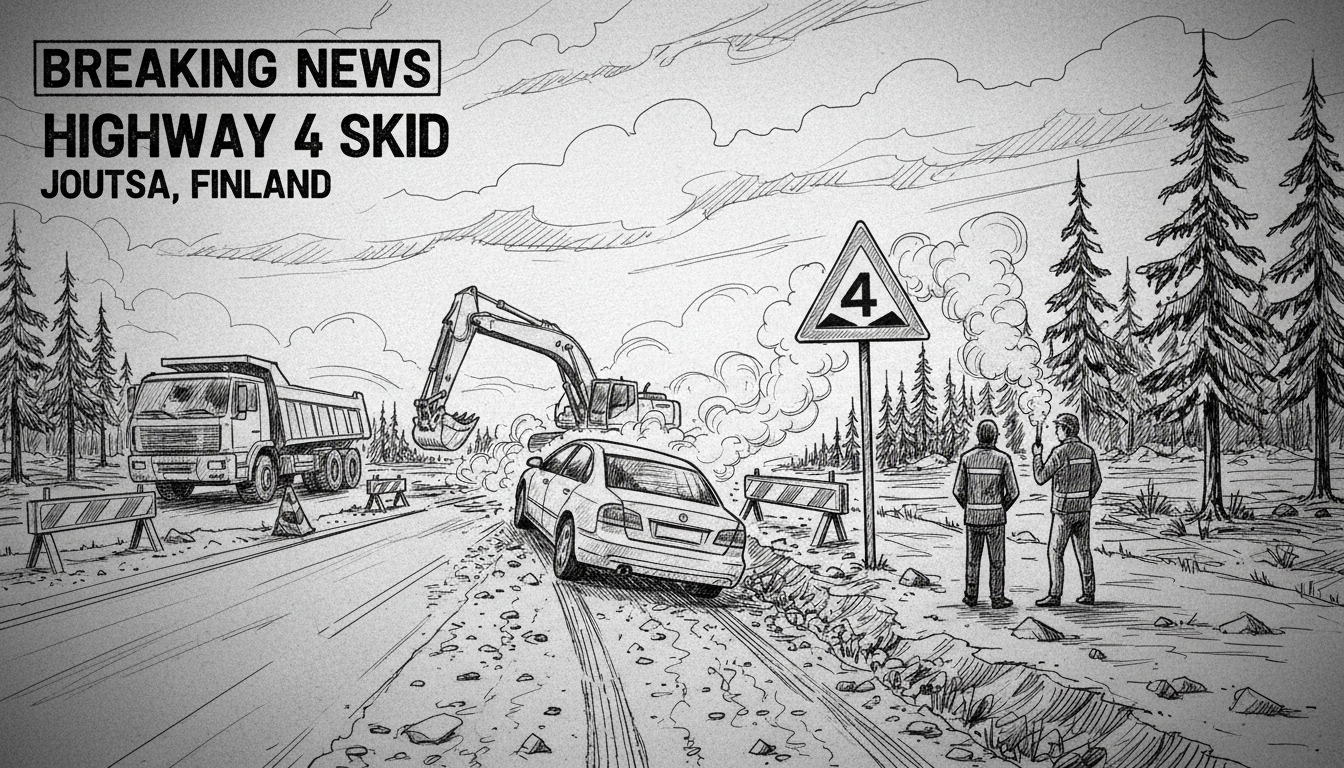 Car Skids Off Road at Highway 4 Construction Site in Central Finland