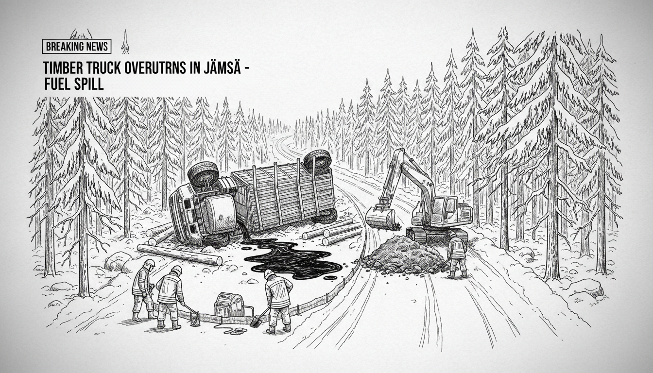 Timber Truck Overturns in Jämsä Causing Fuel Spill