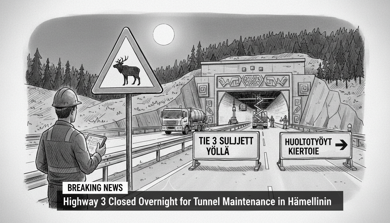 Highway 3 Closed Overnight for Tunnel Maintenance in Hämeenlinna
