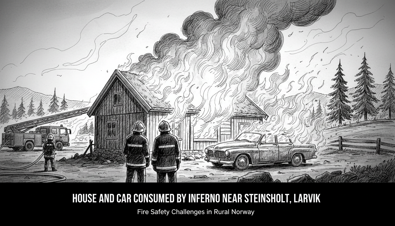 House and Car Engulfed in Fire at Farm Near Steinsholt in Larvik