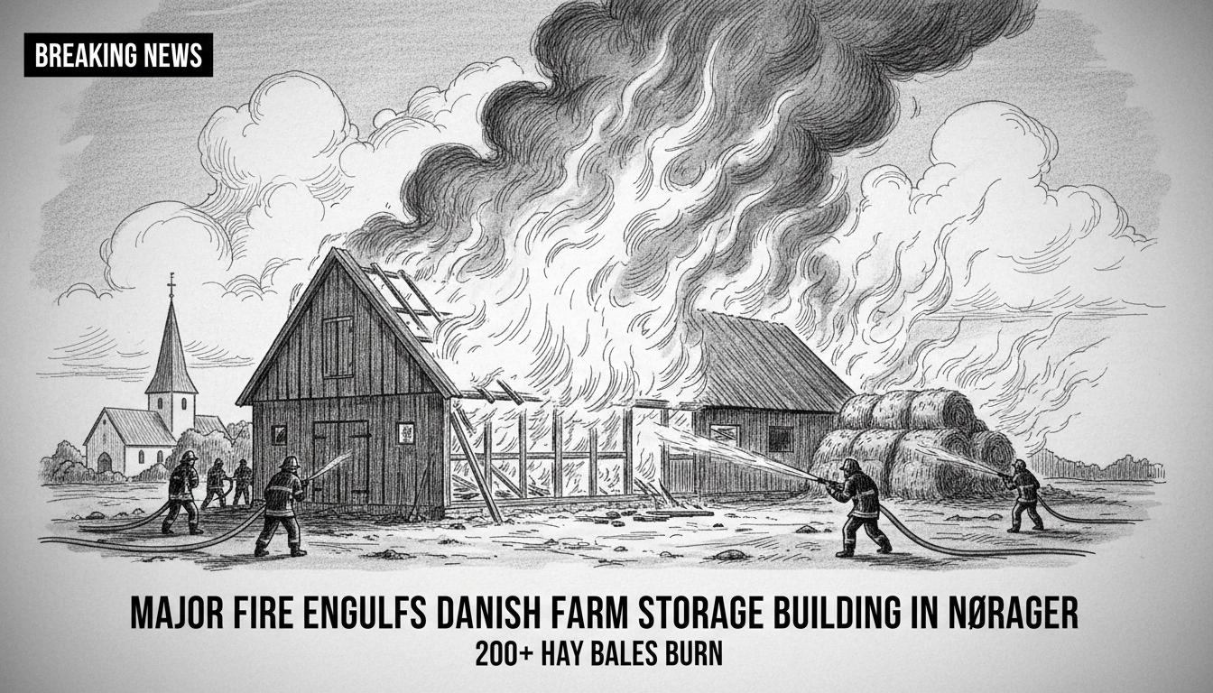 Major Fire Engulfs Danish Farm Storage Building in Nørager