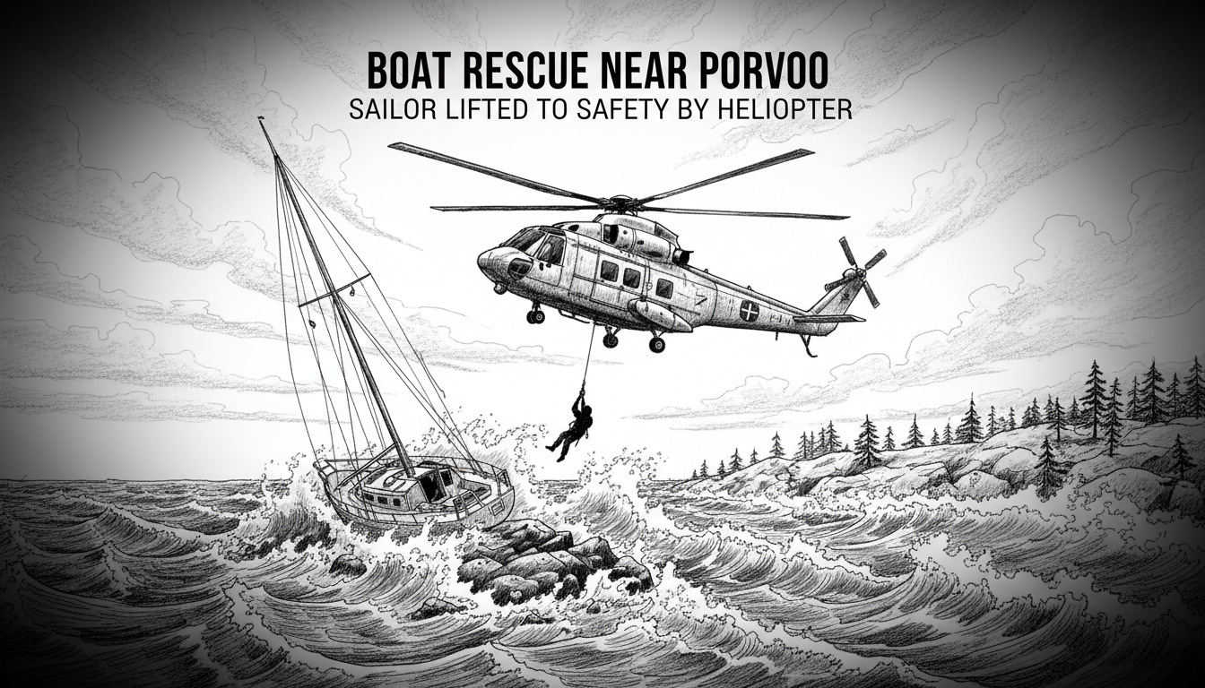 Boat Rescue Operation Near Porvoo as Helicopter Lifts Sailor to Safety