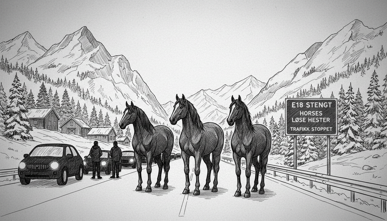 Norway E18 Highway Closed: 3 Loose Horses Stop Traffic