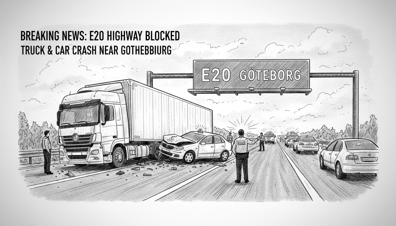 Truck and Car Crash Blocks E20 Highway Near Gothenburg