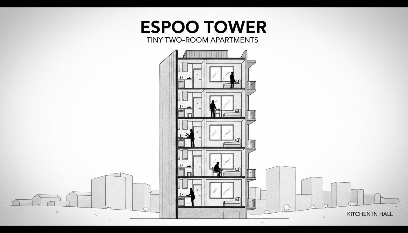 Espoo Tower Sells Tiny Two-Room Apartments with Kitchen in Hall