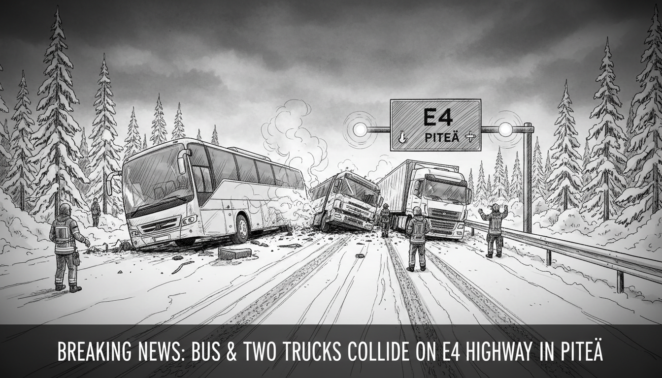 Bus and Two Trucks Collide on E4 Highway in Piteå