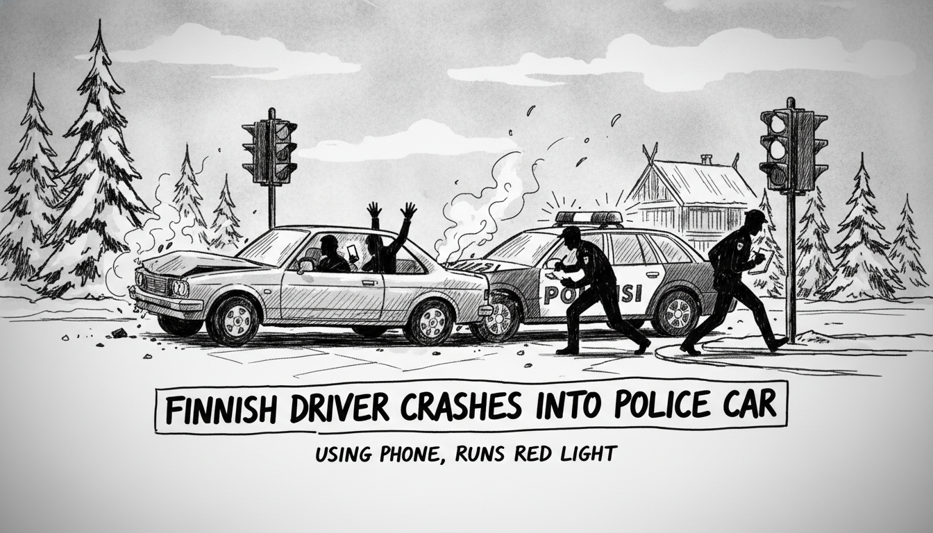 Finnish Driver Using Phone Runs Red Light, Crashes Into Police Car