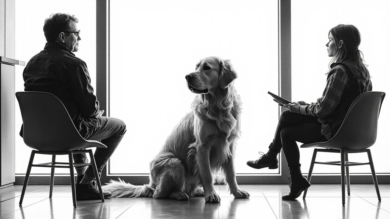 Golden Retriever Joey Calms Young Danes in Talks