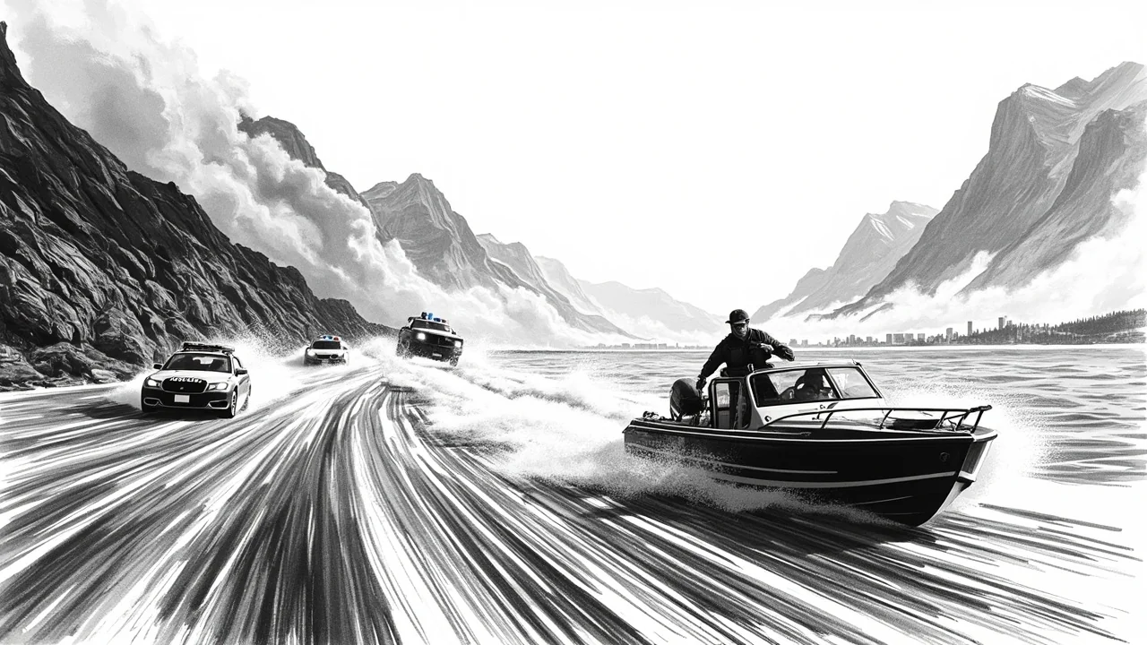 Police Chase Boat and Car, Thief Out of Petrol