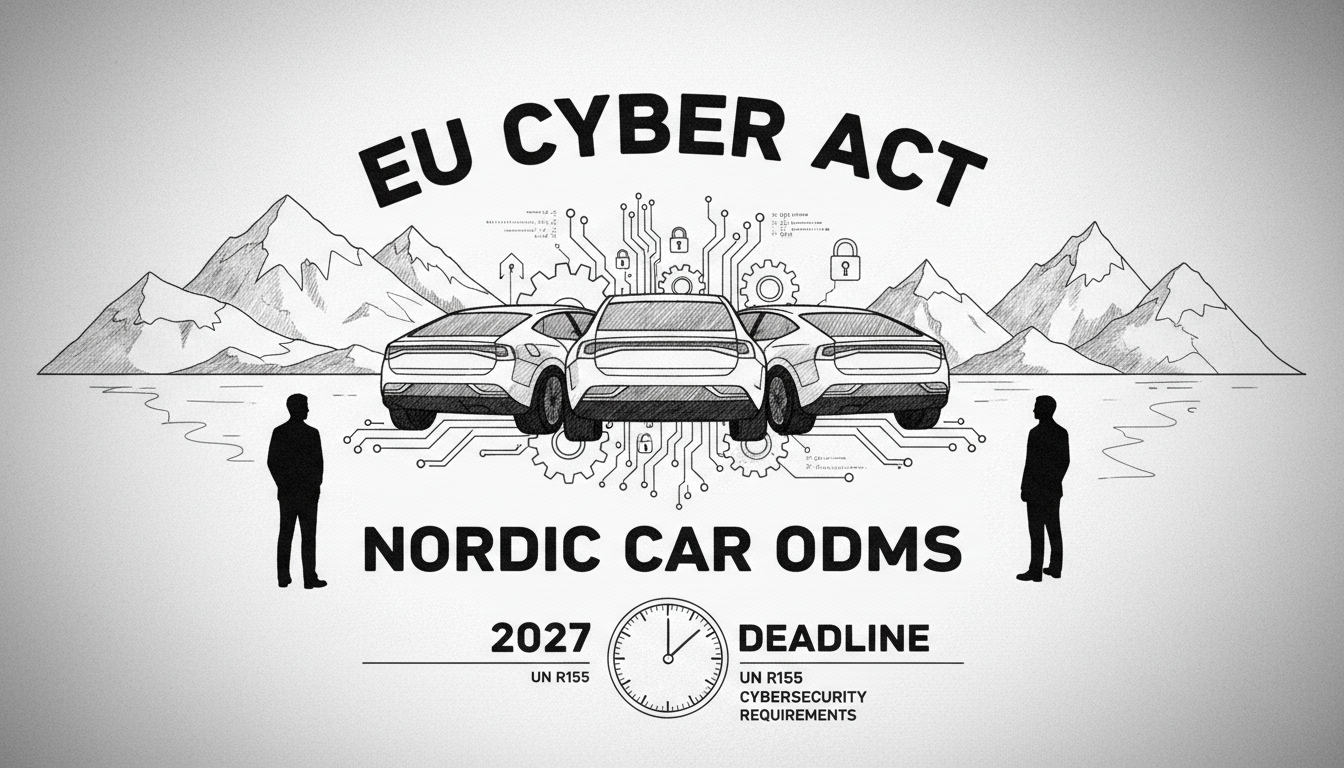 Editorial illustration for EU Cyber Act Nordic OEMs article